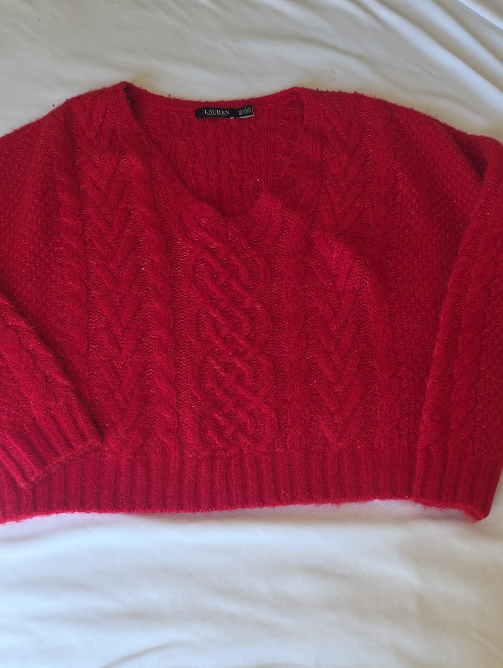Lauren Ralph Lauren Bright Red Cable V-Neck Sweater